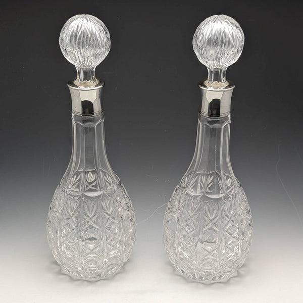 British Vintage Cut Glass Silver Plate Decorated Decanter Pair